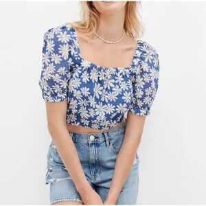 American Eagle Blue Daisy Puff Sleeve Bubble Crop Top Size L Boho Cottagecore